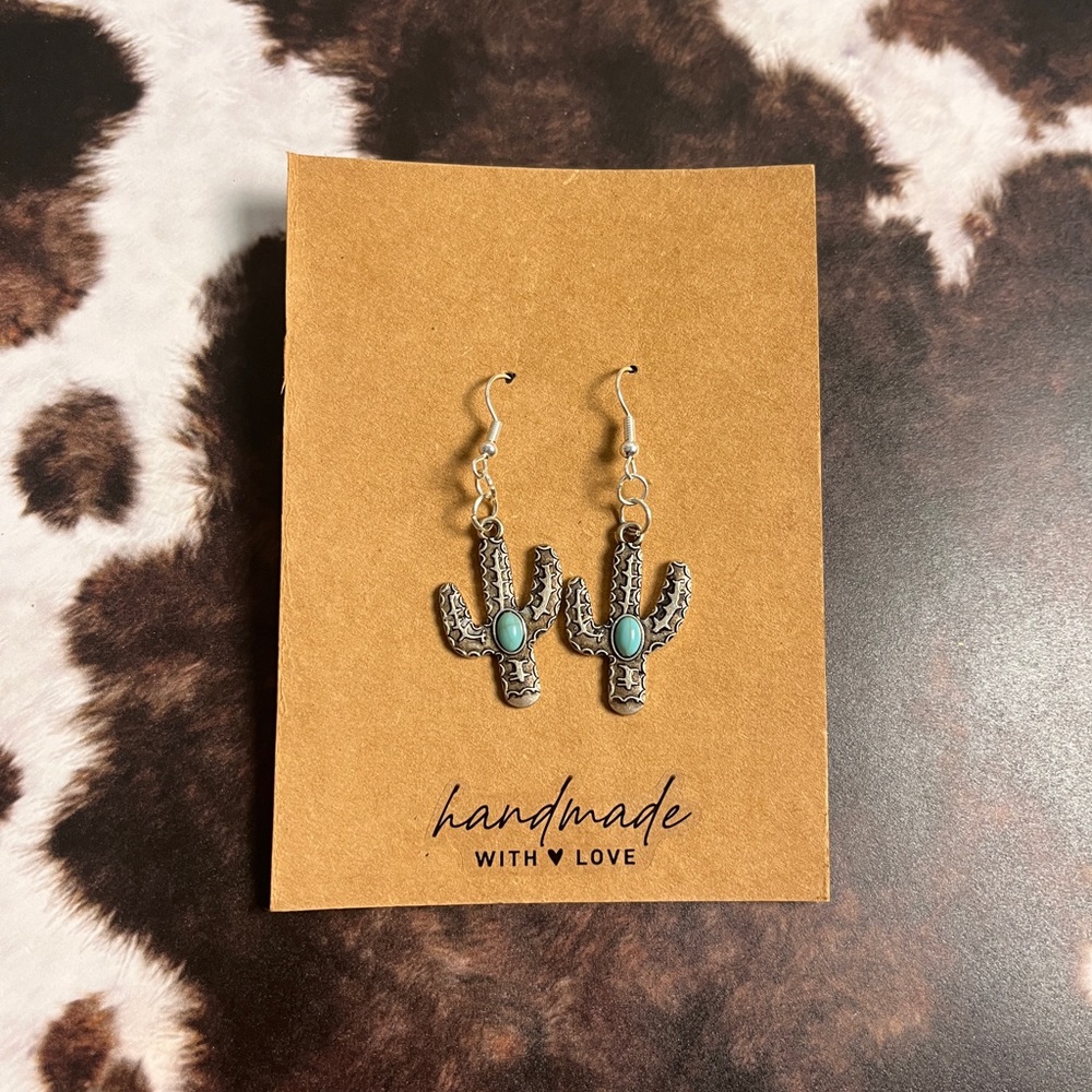 Silver Cactus Earrings with Turquoise Accent